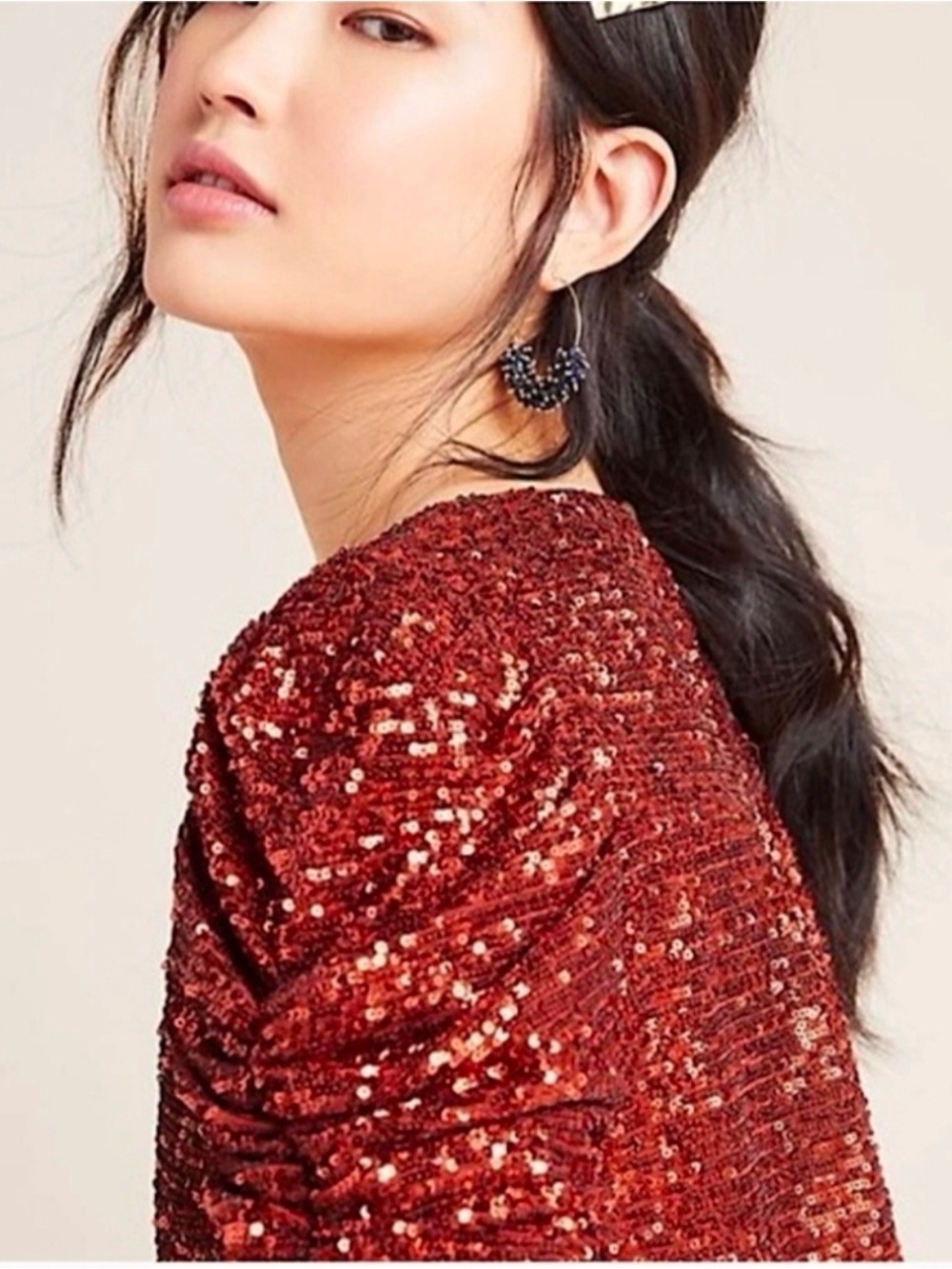 Anthropologie sequin puff sleeve top 8 Read - Picture 3 of 11